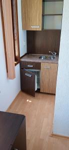 een kleine keuken met een wastafel en een houten vloer bij Guest House Hristovi in Aheloy
