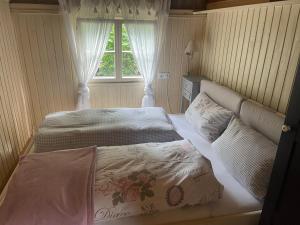 a bedroom with two beds and a window at Zirkuswagen am Landhaus Labes (Stechlinsee) in Neuglobsow