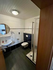 a bathroom with a toilet and a sink and a shower at Gästehaus 2 Norden in Norden