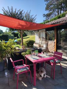 a dog laying under a table and two chairs at Chambre d'hôtes kaxu in Bassussarry