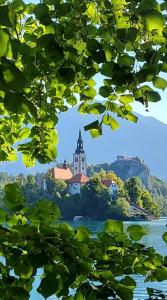 a painting of a church on the shore of a lake at Alice Chalet Bled in Bled