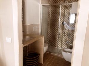 ベルガモにあるGatto Bianco Santa Caterinaのバスルーム(洗面台、トイレ、シャワー付)