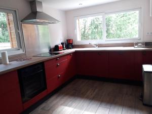 - une cuisine avec des placards rouges et 2 fenêtres dans l'établissement Lodge avec SPA pour 6 pers, proche de Guédelon, à Tannerre-en-Puisaye