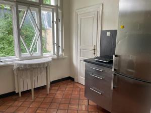 a kitchen with a stainless steel refrigerator and a window at Willa Dina in Milanówek +32 photos