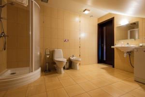 a bathroom with a toilet and a sink and a shower at Po Jūros Banga in Palanga +186 photos
