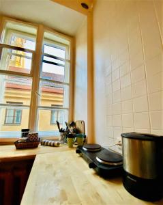 a kitchen with a stove and two windows in it at Jimmy Jumps House in Vilnius