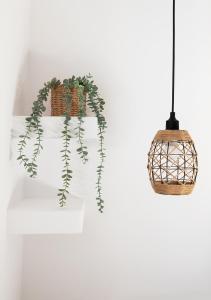 a hanging pendant light with a basket and a plant at Dorkas Luxury Rooms&Apartments in Livadakia