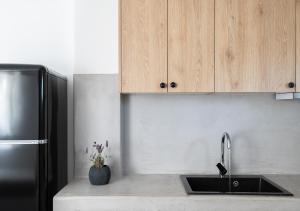 a kitchen with a sink and a refrigerator at Dorkas Luxury Rooms&Apartments in Livadakia