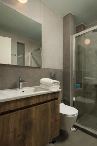 La salle de bains est pourvue d'un lavabo, de toilettes et d'un miroir. dans l'établissement Dimitra Central Apts, à La Canée