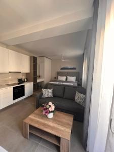 a living room with a couch and a table at Astra Studios Karpathos Island in Karpathos Town