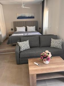 - un salon avec un canapé et un lit dans l'établissement Astra Studios Karpathos Island, à Karpathos