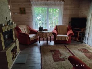 a living room with two chairs and a table and a television at Domek na Mazurach. in Dłużek