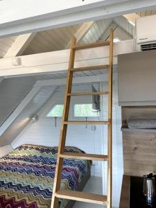 a ladder leading up to a bunk bed in a room at Pfahlbau Seehütte am Neusiedlersee - Waterfront 2 in Rust