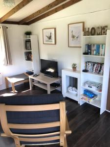 Pheasant Lodge في بيلث ويلز: غرفة معيشة مع مكتب وكرسي