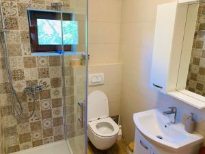 a bathroom with a toilet and a sink and a shower at Apartment Murvica in Pag +15 photos