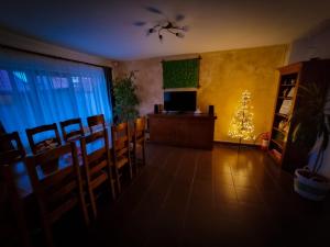 a living room with a christmas tree and a television at Vila Alex in Tăşnad