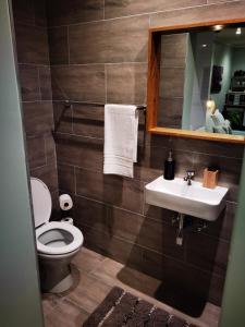 a bathroom with a toilet and a sink and a mirror at Calla—Cottage in Ballito