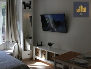 a living room with a tv on a wall at Luxury Estudio Malaga Centro in Málaga