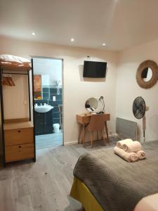 1 dormitorio con 1 cama y baño con lavamanos en Hotel du Levant en Castellane