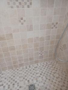 bagno con doccia e pavimento piastrellato di La Vigne a Sorgues