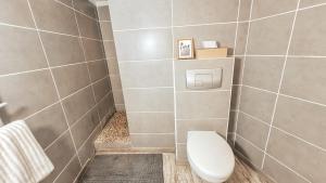 een badkamer met een toilet en een betegelde muur bij Studio avec terrasse et vrai lit 160x200cm, indépendant calme absolu dans maison de famille in La Valette-du-Var