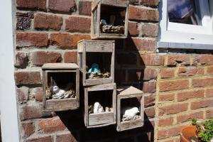 um grupo de aves aninhadas em caixas de madeira numa parede de tijolos em De bezige bij em Kerkrade