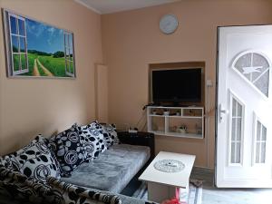 ein Wohnzimmer mit einem Sofa und einem Flachbild-TV in der Unterkunft Apartman Kika 1 in Valjevo