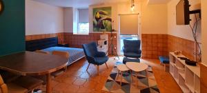 ein Wohnzimmer mit Tisch und Stühlen in der Unterkunft Mazamet : Résidence du Musée centre ville. in Mazamet