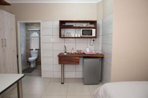 Alucarni Guest House with solar energy في آبنغتون: حمام صغير مع حوض وميكروويف