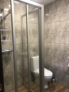 a bathroom with a toilet and a glass shower at Kuršių Take in Šventoji +13 photos
