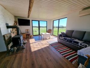 a living room with a couch and a fireplace at Soonlepa häärber in Soonlepa