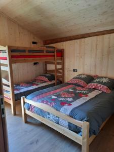 sypialnia z 2 łóżkami piętrowymi w kabinie w obiekcie Chalet la corne du chamois w mieście Sixt