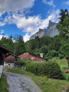 a dirt road with a mountain in the background at Chalet la corne du chamois in Sixt