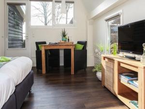 een slaapkamer met een bed en een bureau met een televisie bij Rheezerstee in Rheeze