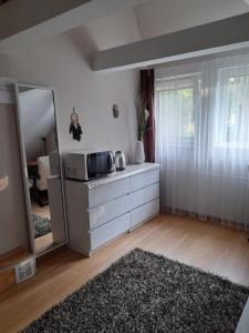 ein Wohnzimmer mit einem Spiegel und einer Mikrowelle in der Unterkunft Pokoje przy Parku in Danzig