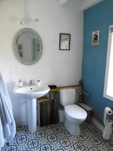 a bathroom with a white toilet and a sink at La Bicyclette Bleue in Montpinchon
