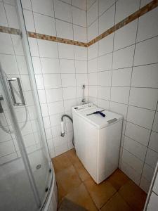 małą łazienkę z toaletą i umywalką w obiekcie Schöne Einzimmerwohnung w mieście Bad Nauheim