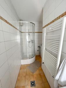 uma casa de banho com chuveiro e piso em azulejo em Schöne Einzimmerwohnung em Bad Nauheim