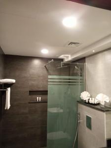 塞拉莱Tulip Inn Majan Hotel and Suites Salalah的带淋浴和玻璃门的浴室