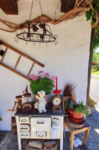 una stanza con tavolo con piante e lampadario a braccio di Ferienwohnungen Woidzauber a Zwiesel