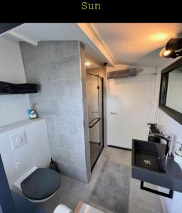 a small bathroom with a toilet and a sink at Inn To the beach in Ouddorp