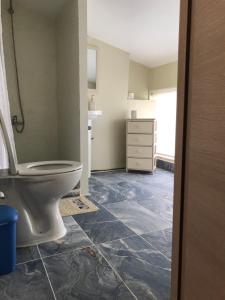 un baño con inodoro y lavabo en georgia's cozy rooms #1, en Kavala 39 fotos más