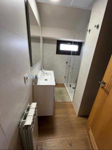 uma pequena casa de banho com um lavatório e um chuveiro em Ático Guara&Pirineos em Huesca