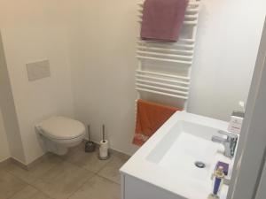 łazienka z białą toaletą i umywalką w obiekcie Appartement calme en plein centre ville w mieście Granville