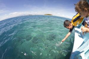 un garçon et une fille qui regardent l'eau depuis un bateau dans l'établissement Beachcomber Island Resort, à Beachcomber Island