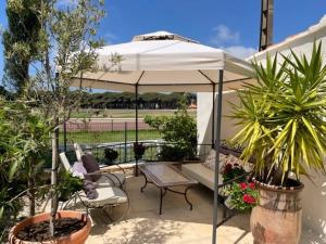 a patio with an umbrella and chairs and plants at Hôtel Le Méditerranée in Hyères