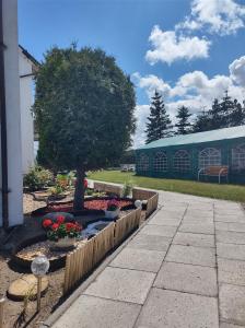 a garden with a tree and flowers in front of a building at DAGMARA in Łeba