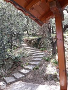 a stone path in a forest with a wooden structure at Alex Seaview House in Chorefto +6 photos