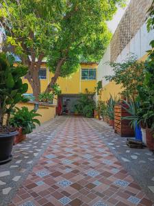 a courtyard of a school with a yellow building at Momoluu's house in Santa Marta