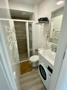 uma casa de banho com um lavatório e uma máquina de lavar roupa em Mano jūra 2 apartamentai em Palanga